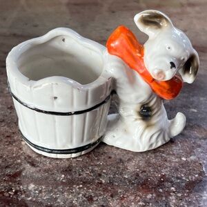 Vintage Japanese porcelain mini Dog Planter or spice holder with Orange Scarf